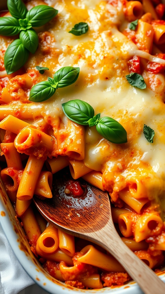 Three-Cheese Baked Pasta Baked pasta with three cheeses, topped with melted mozzarella and fresh basil, served in a rustic dish.